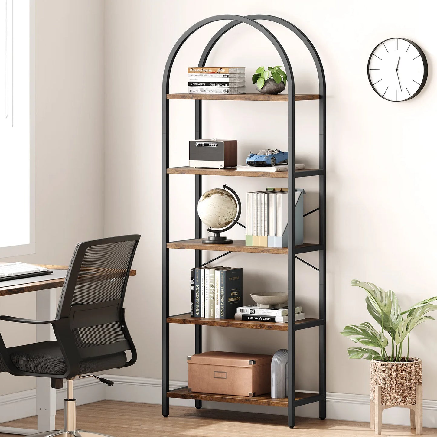 5-Tier Arched Bookshelf, 180cm Tall Industrial Open Bookcase, Freestanding Display Rack Metal Wooden Storage Shelving Units
