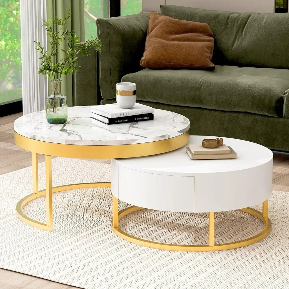 Modern Round Nesting Coffee Table with Drawers for Living Room