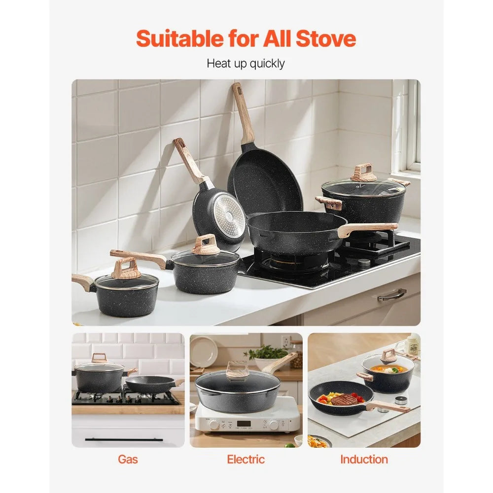 17 Piece Pots and Pans Set Granite Nonstick Kitchen Cookware Induction Black