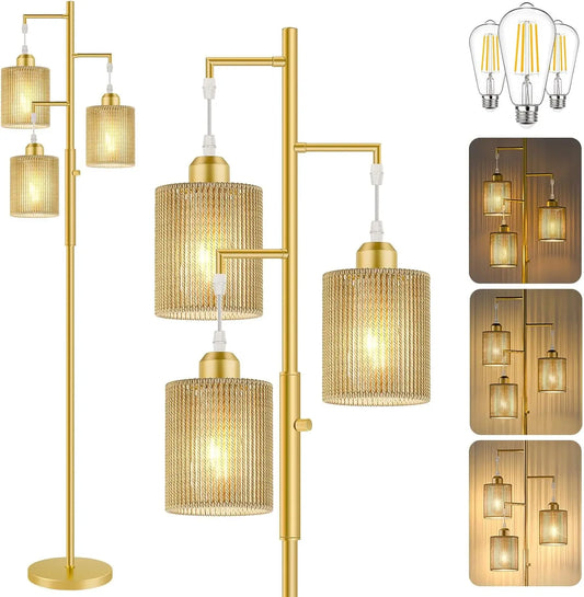 72' Boho Floor Lamp, Dimmable Rattan Shade, Gold Industrial Standing Lamp for Living Room, Bedroom, Office – 3x800LM LED Include
