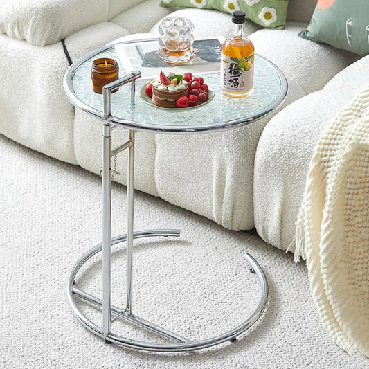 Glass End Table, Round Side Table with Handle, Height Adjustable C Shaped Sofa Table with Tempered Glass Top, Small Coffee Table