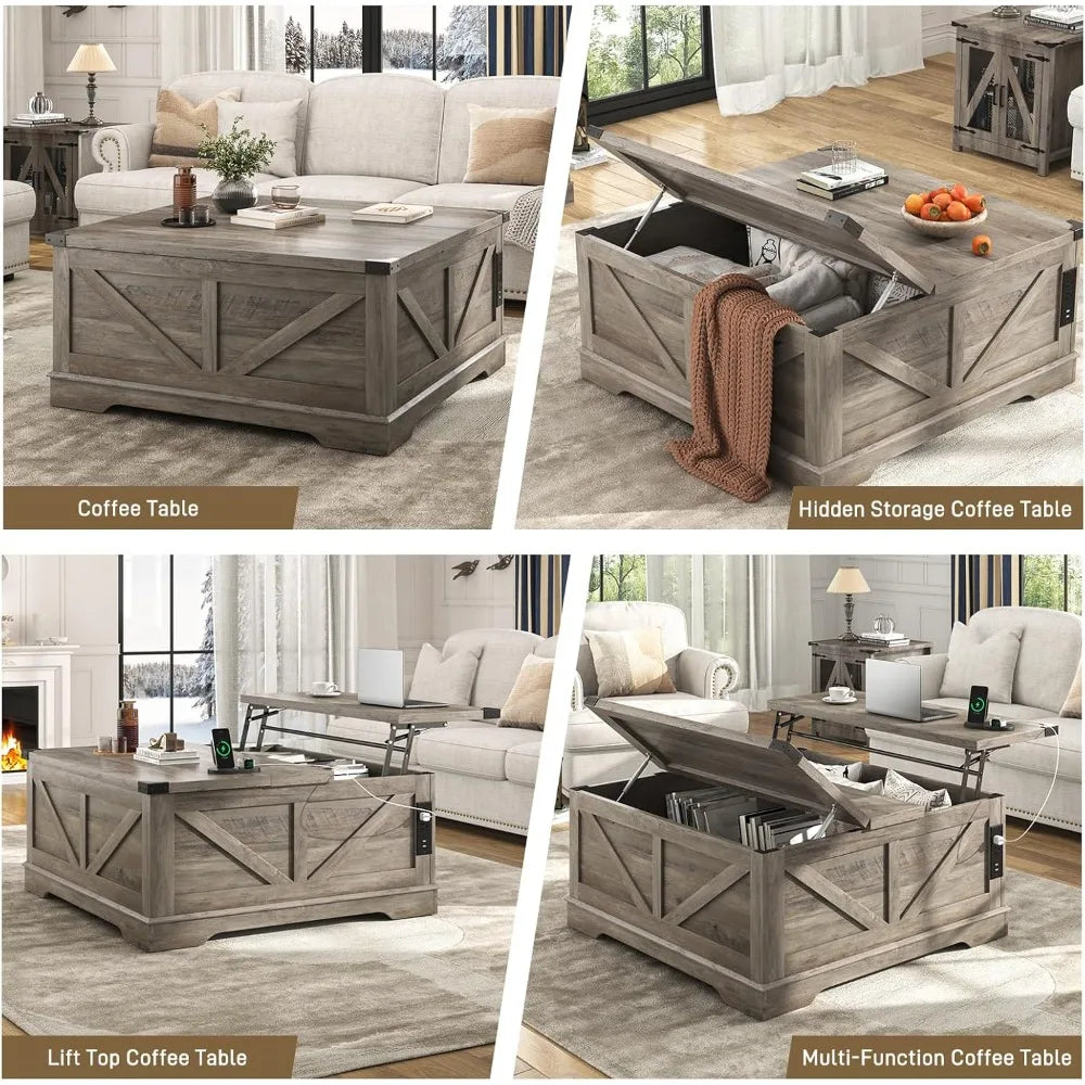 40” Large Farmhouse Lift Top Coffee Table with Power Outlets and Large Hidden Storage, Square Wood Living Room Tables, Multi-Fun