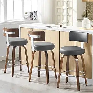 Swivel Bar Height Bar Stools Set of 3, Faux Leather Kitchen Stools Upholstered Barstools with Back, Walnut Wood Legs, Tall Bar S