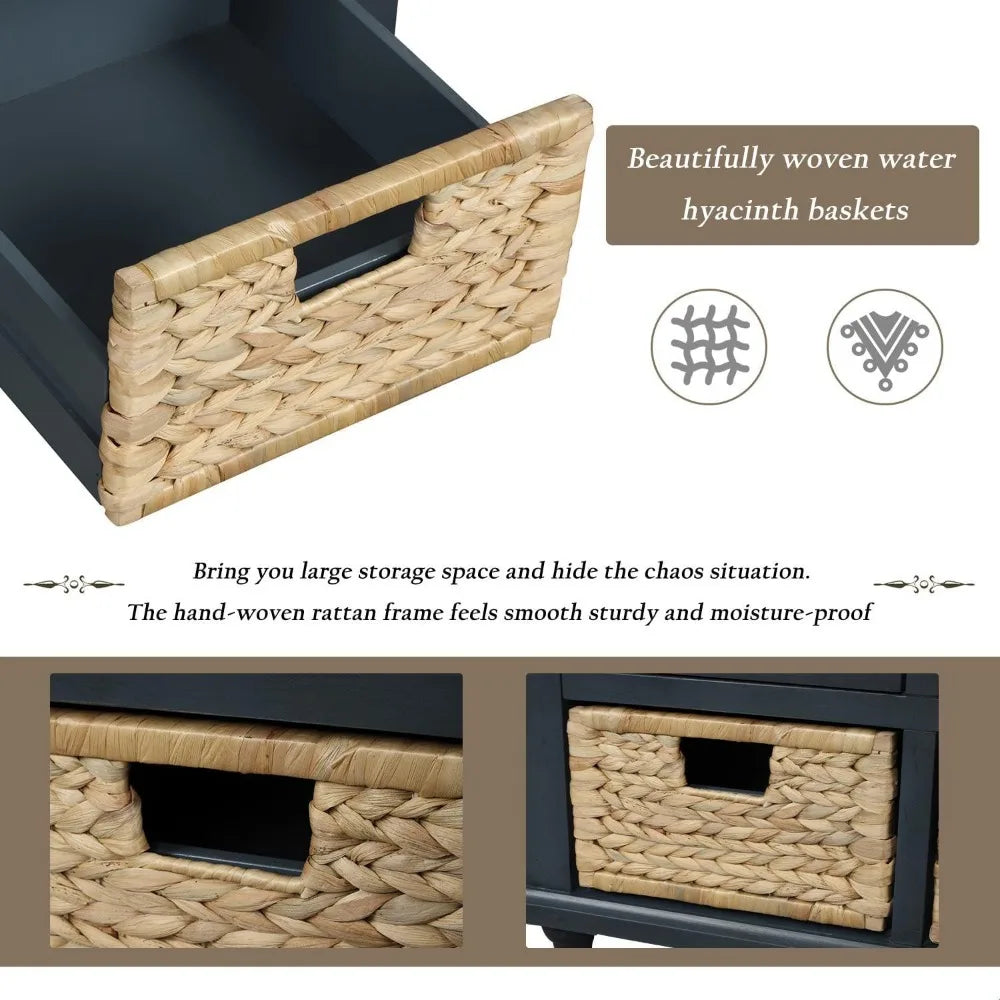 Rustic Storage Bench with 3 Drawers and 3 Rattan Baskets Rectangular Storage Ottoman Cabinet Foot Rest Stool Upholstered Solid