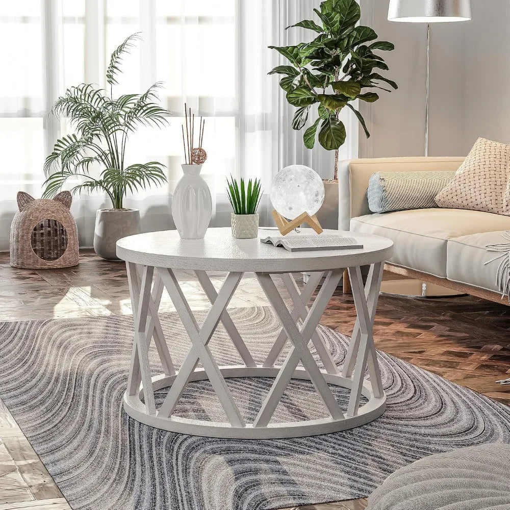 Farmhouse Coffee Table, Rustic Round Coffee Table with X-Motifs Legs, Wood Textured Top, for Boho, French Country Decor, Antique
