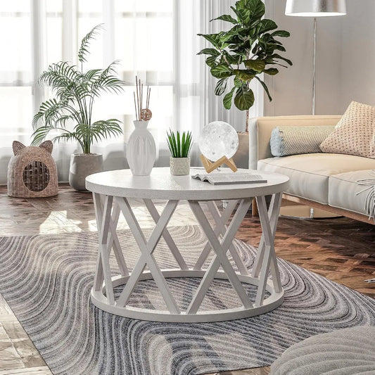 Farmhouse Coffee Table, Rustic Round Coffee Table with X-Motifs Legs, Wood Textured Top, for Boho, French Country Decor, Antique