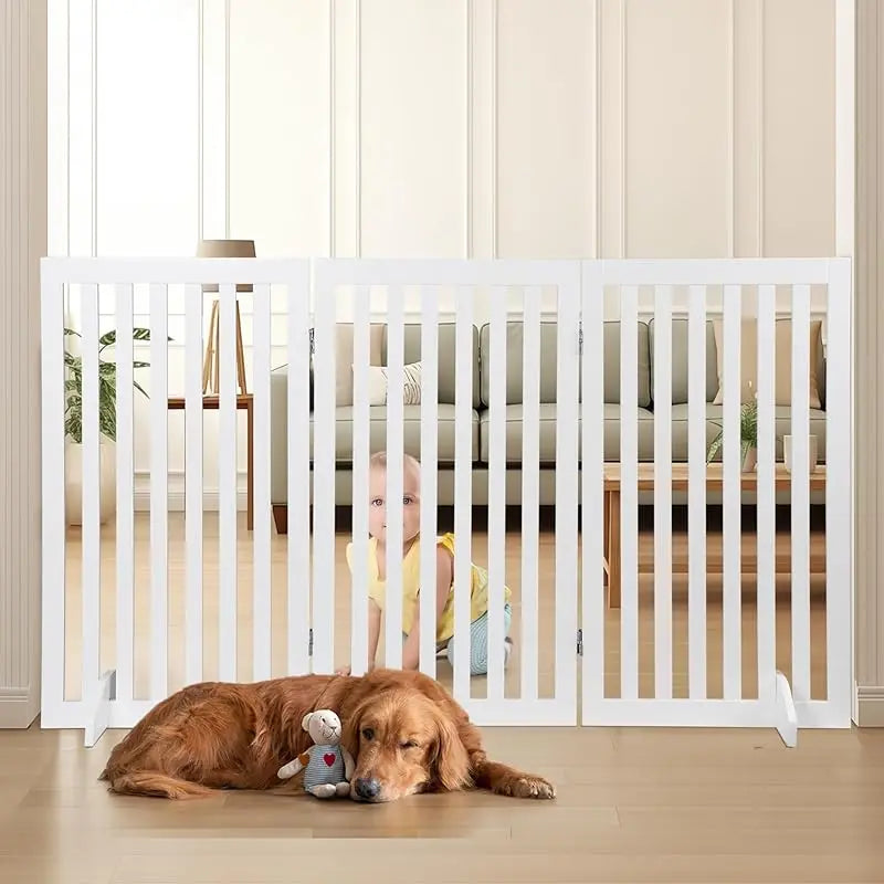24-Inch White Wooden Pet Dog Gate - 4-Panel Foldable Freestanding Z-Shape Step-Over Fence for Entryway, Stairs & Doorway