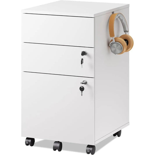 3 Drawer Rolling File Cabinet with Lock, Wood Under Desk Filing Cabinet fits Letter/Legal/A4 Size for Home Office, White