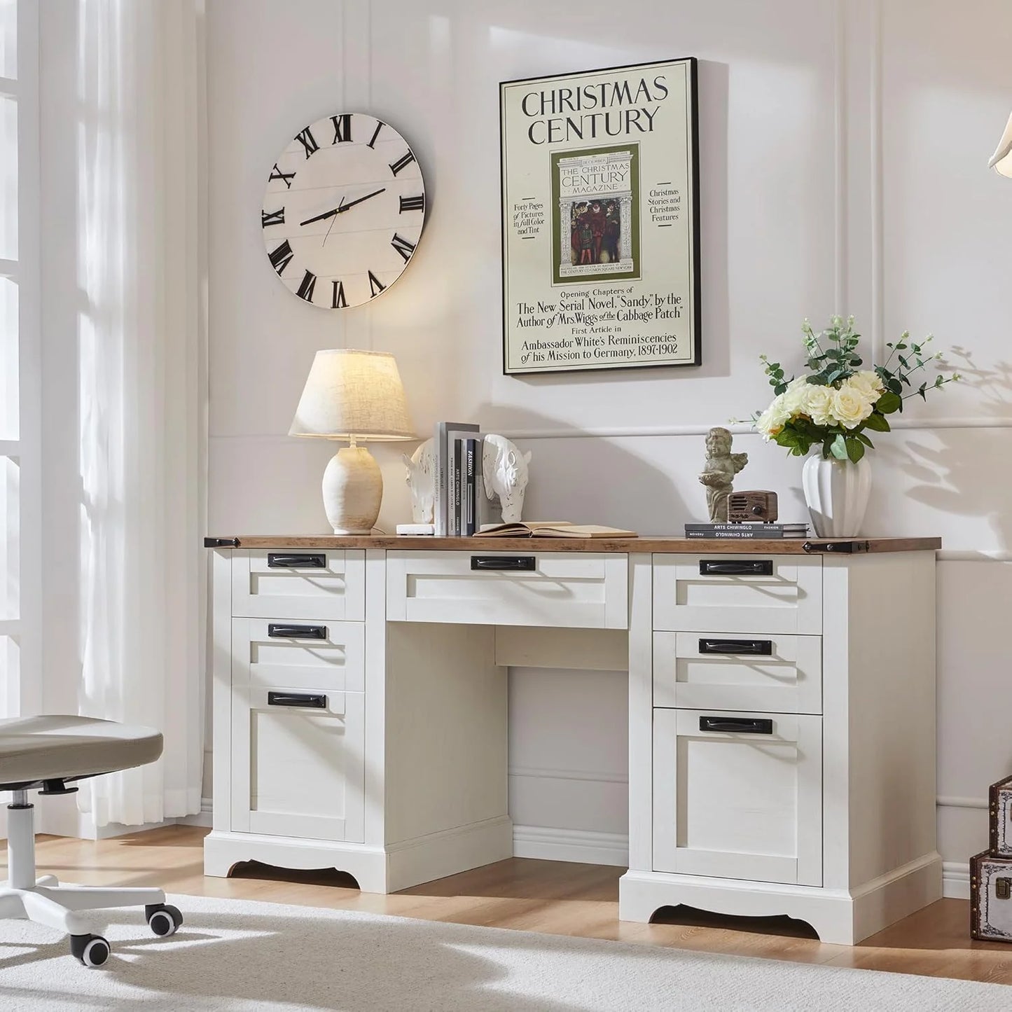 Farmhouse Executive Desk with Drawers, Wood Home Office Desk w/Charging Station, Keyboard Tray, File Drawer, Storage Cabinet
