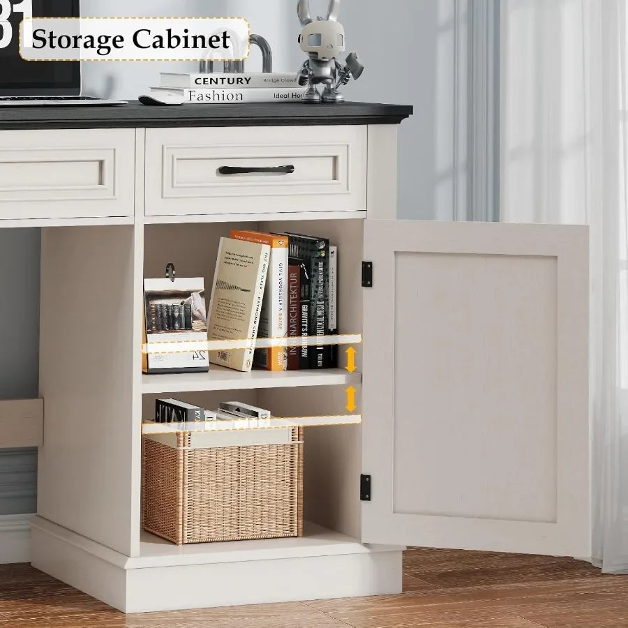 Farmhouse 47 Executive Desk with Drawers and Storage Cabinet for Home Office and Study Workstation Includes Built-in Charging S