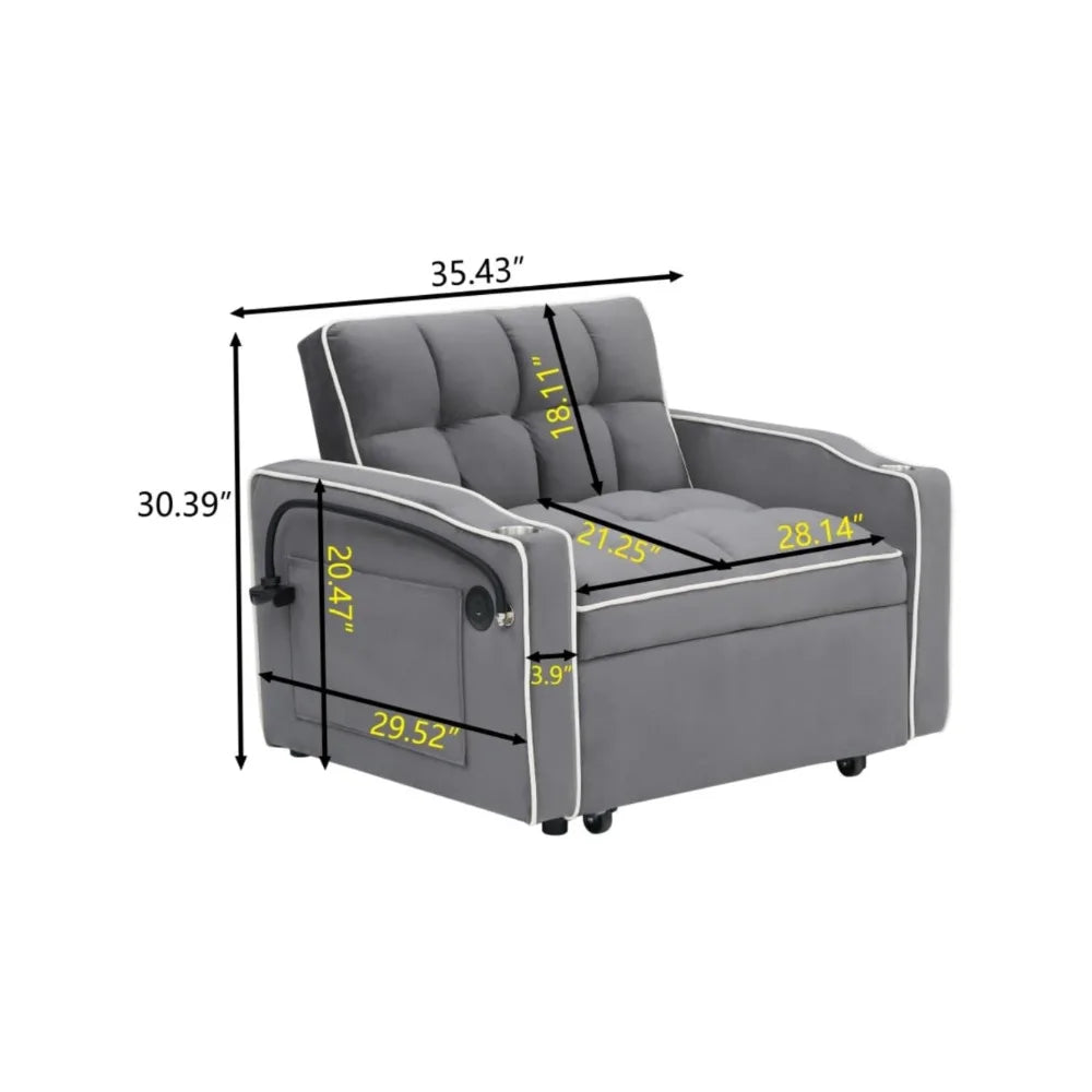 3 in 1 Modern Velvet Convertible Pull Out Sofa Bed, Upholstered Convertible Sleeper Chair Couch Bed with Adjustable Backrest