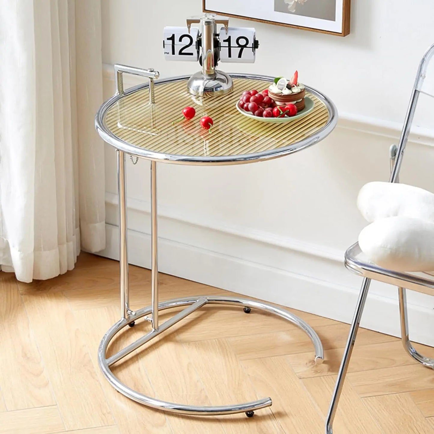 Glass End Table, Round Side Table with Handle, Height Adjustable C Shaped Sofa Table with Tempered Glass Top, Small Coffee Table