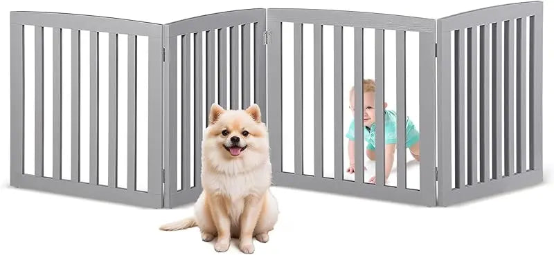 24-Inch White Wooden Pet Dog Gate - 4-Panel Foldable Freestanding Z-Shape Step-Over Fence for Entryway, Stairs & Doorway