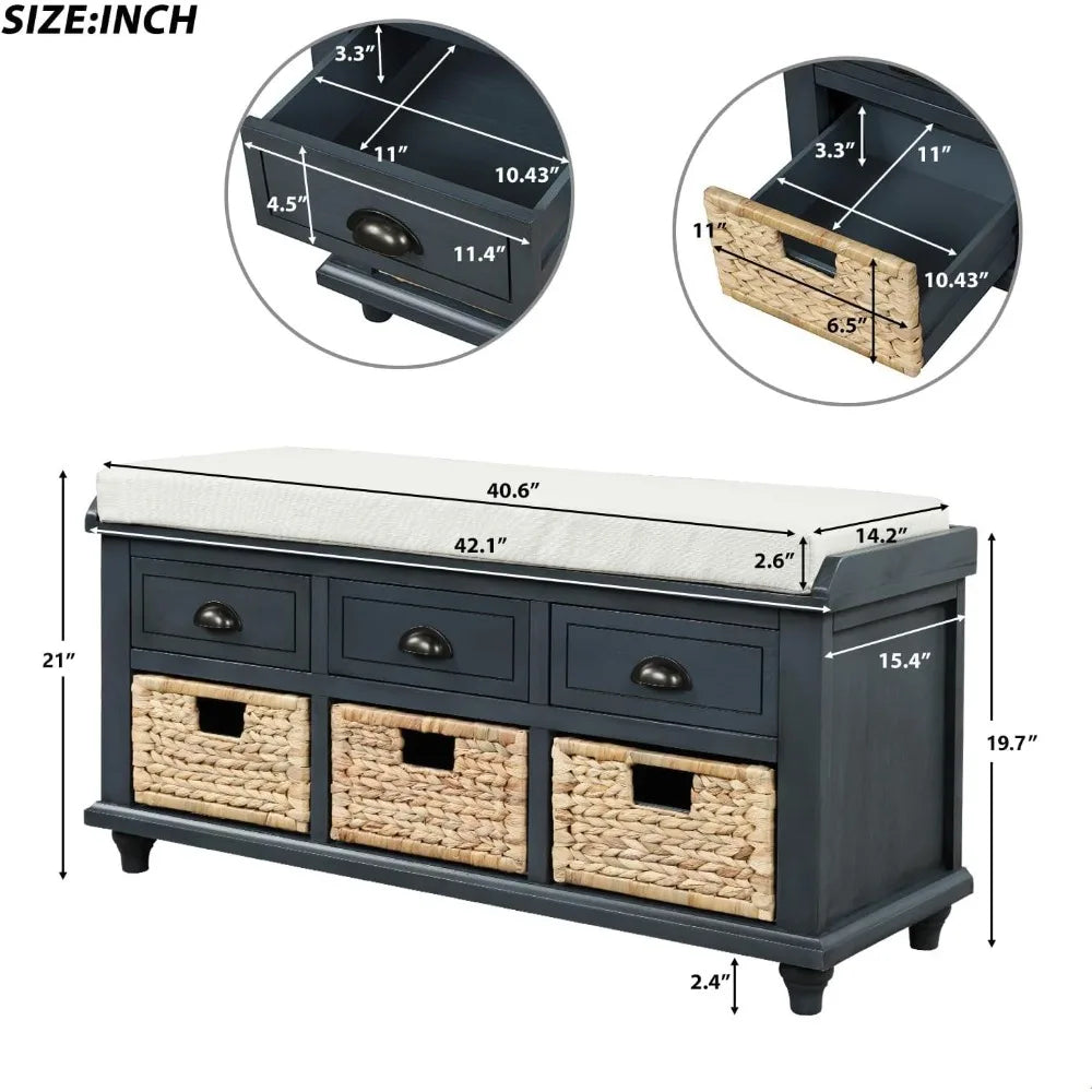 Rustic Storage Bench with 3 Drawers and 3 Rattan Baskets Rectangular Storage Ottoman Cabinet Foot Rest Stool Upholstered Solid