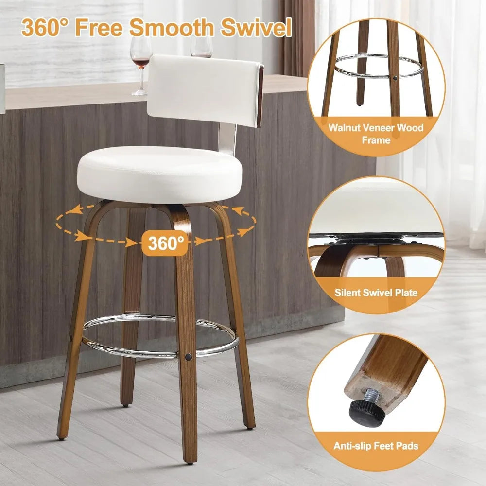 Swivel Bar Height Bar Stools Set of 3, Faux Leather Kitchen Stools Upholstered Barstools with Back, Walnut Wood Legs, Tall Bar S