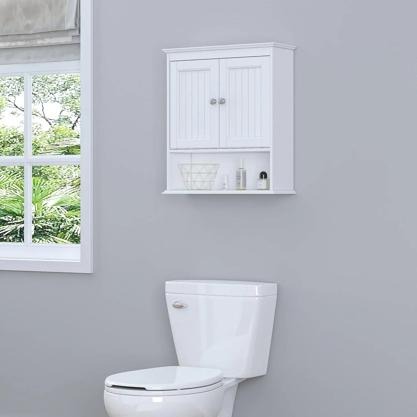 Bathroom Cabinet Wall Mounted with Doors, White Wood Shelves
