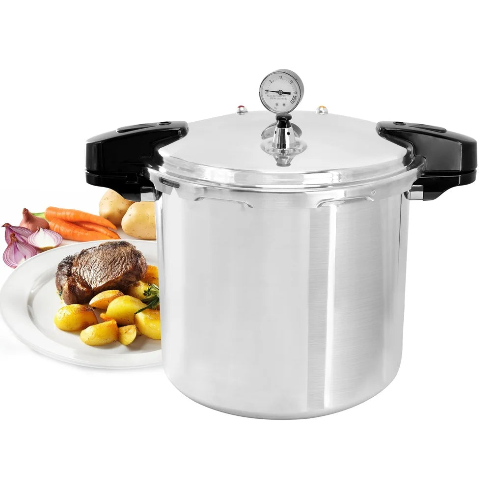 24QT Aluminum Pressure Cooker Induction Gas Stove Safe Large Capacity with Locking Lid Removable Pressure Gauge Steamer Grid