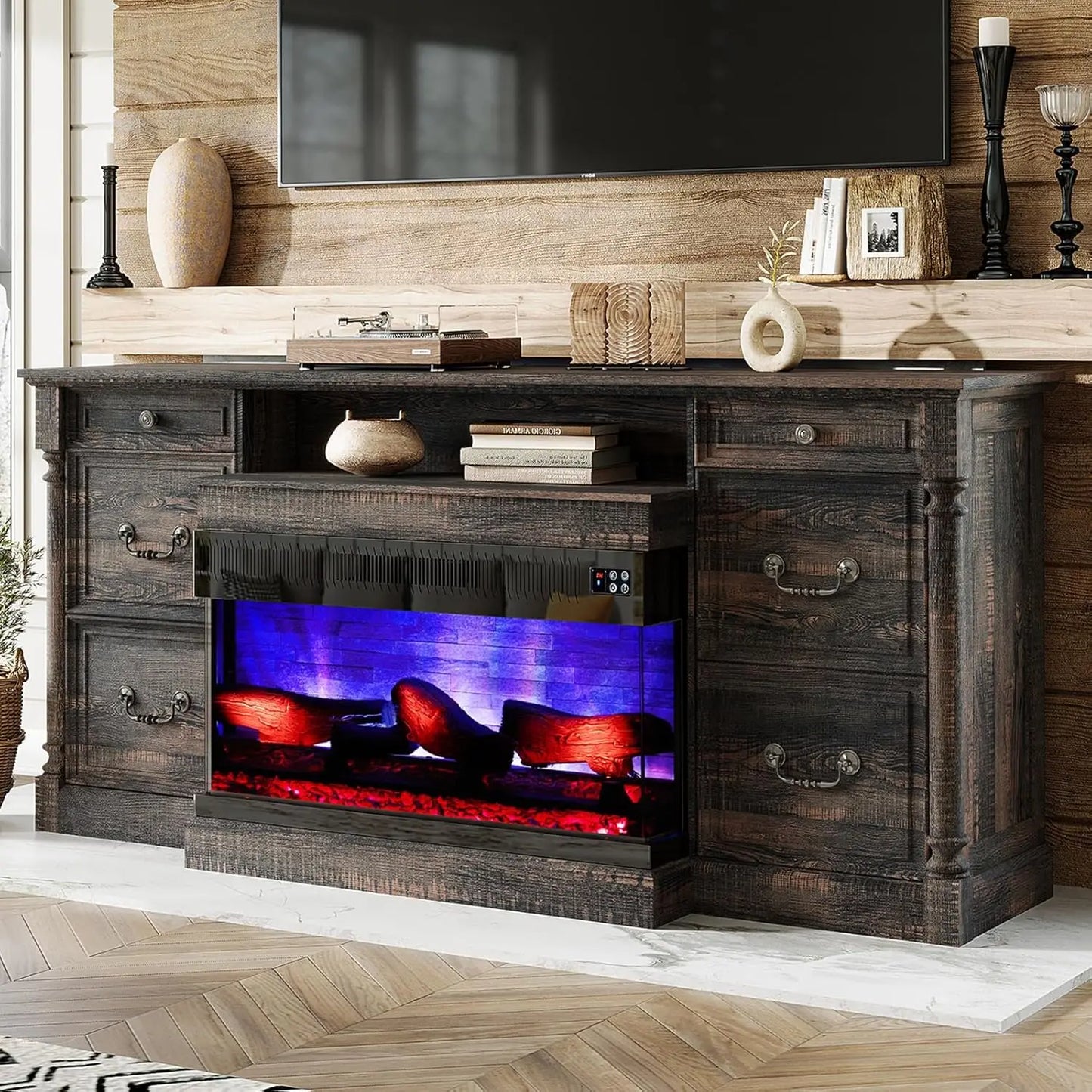 36 inch 3-Sided Glass Fireplace, 75 inch Large TV Console, Wood Entertainment Center for TVs up to 85 inch