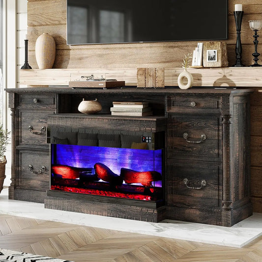 36 inch 3-Sided Glass Fireplace, 75 inch Large TV Console, Wood Entertainment Center for TVs up to 85 inch