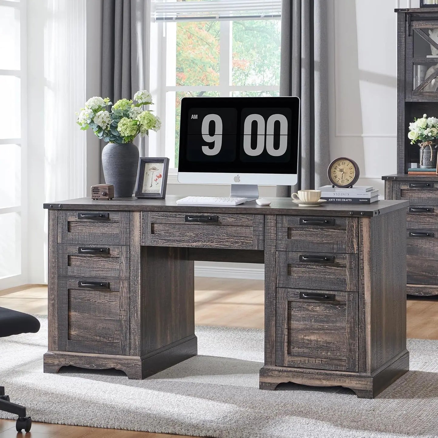 Farmhouse Executive Desk with Drawers, Wood Home Office Desk w/Charging Station, Keyboard Tray, File Drawer, Storage Cabinet