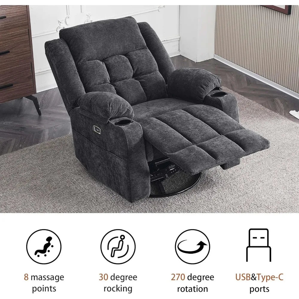 Power Swivel Rocker Recliner Chair for Adults with Massage and Heat, USB and Type-C Ports, Infinite Position, Electric Glider Re