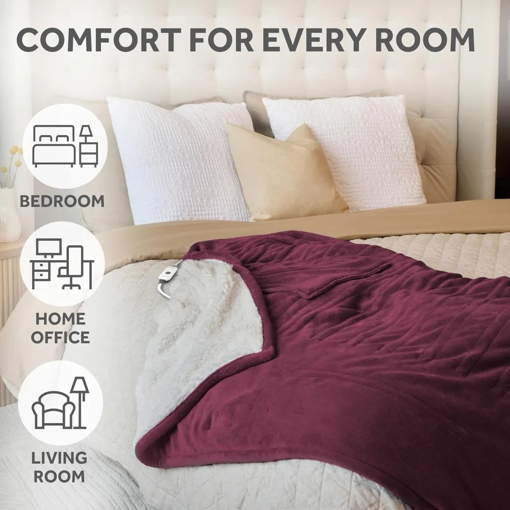 Electric Throw Royal Mink Sherpa Heated Blanket, 4 Heat Settings, 4-Hour Auto Shut-Off, Fast Heating, Luxurious and Ultra Comfy