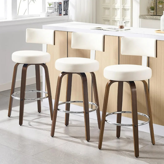 Swivel Bar Height Bar Stools Set of 3, Faux Leather Kitchen Stools Upholstered Barstools with Back, Walnut Wood Legs, Tall Bar S