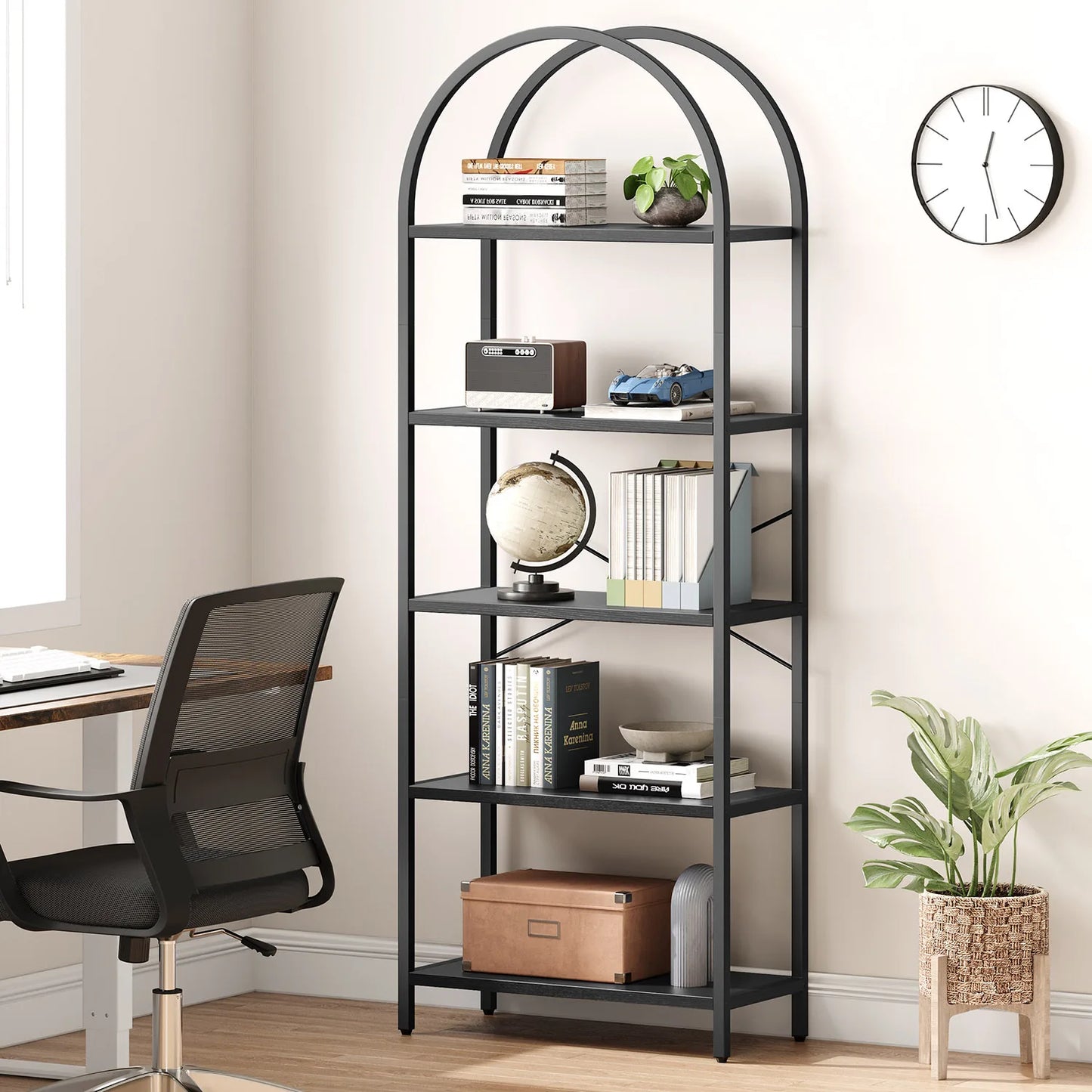 5-Tier Arched Bookshelf, 180cm Tall Industrial Open Bookcase, Freestanding Display Rack Metal Wooden Storage Shelving Units