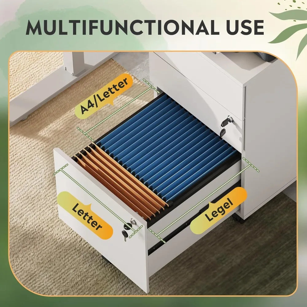 3 Drawer Rolling File Cabinet with Lock, Wood Under Desk Filing Cabinet fits Letter/Legal/A4 Size for Home Office, White