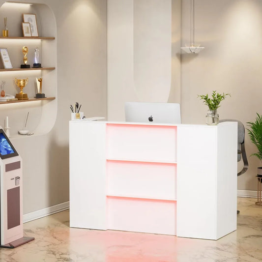 63 Inches Reception Table, Front Desk with RGB LED Lights, Modern Reception Desk with Counter & Lockable Drawer & Open Shelves,