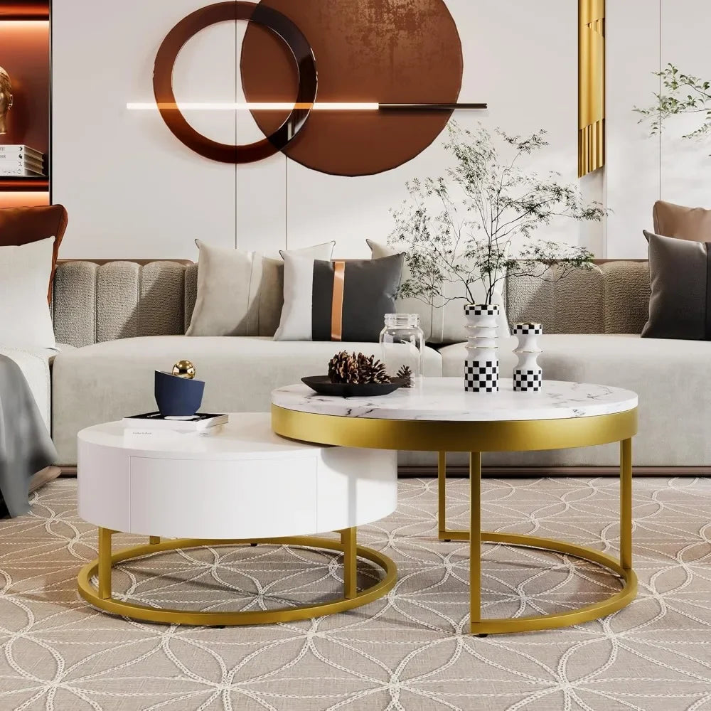 Modern Round Nesting Coffee Table with Drawers for Living Room