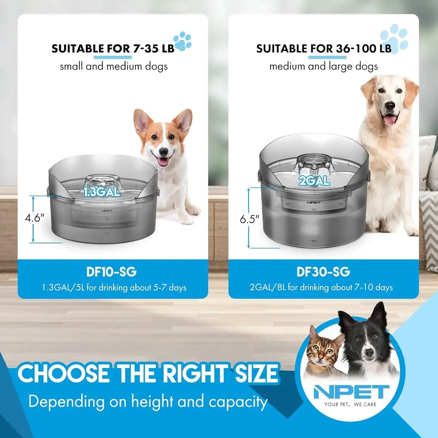 NPET DF10-SG Dog Water Fountain 1.3 Gallon Large Automatic Dog Water Bowl with Splatter Guard