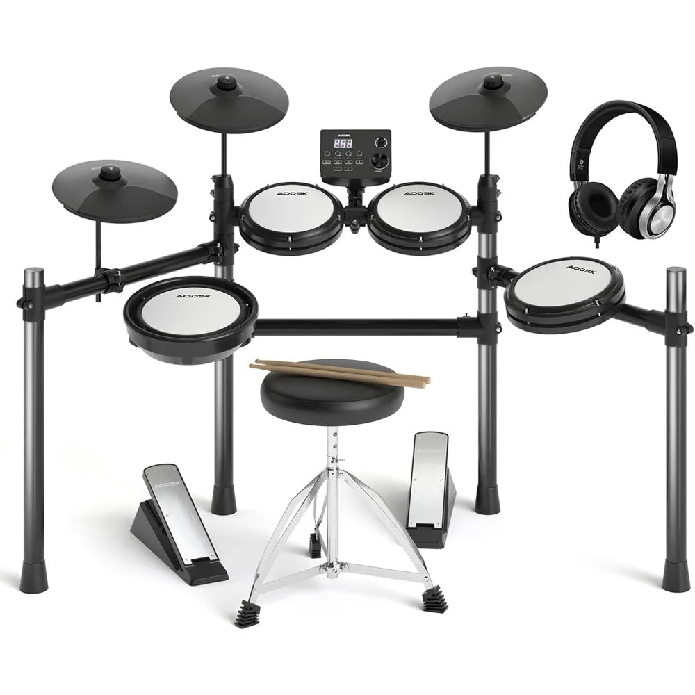Electric Drum Set with Quiet Mesh Pads,Electronic Drum for Beginner,USB MIDI,Throne,Headphones,Sticks