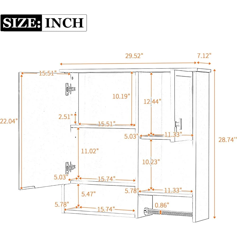 Wall Mount Bathroom Cabinet with Mirror, Open Shelf, and Towel Bar, 29.5 W x 28.7 H Over The Toilet Mirrored Bathroom Wall