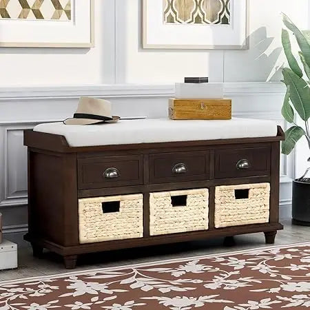 Rustic Storage Bench with 3 Drawers and 3 Rattan Baskets Rectangular Storage Ottoman Cabinet Foot Rest Stool Upholstered Solid