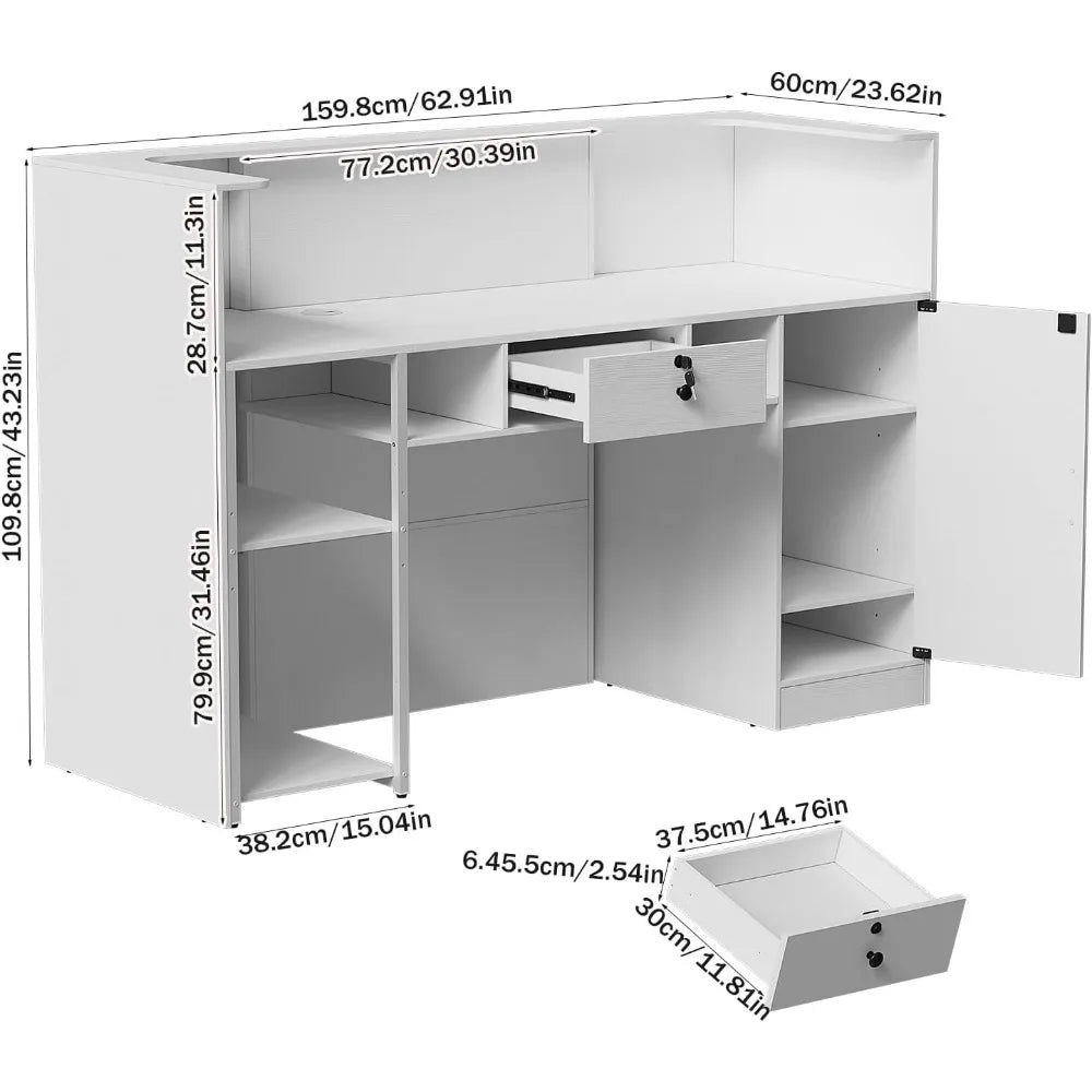 63 Inches Reception Table, Front Desk with RGB LED Lights, Modern Reception Desk with Counter & Lockable Drawer & Open Shelves,