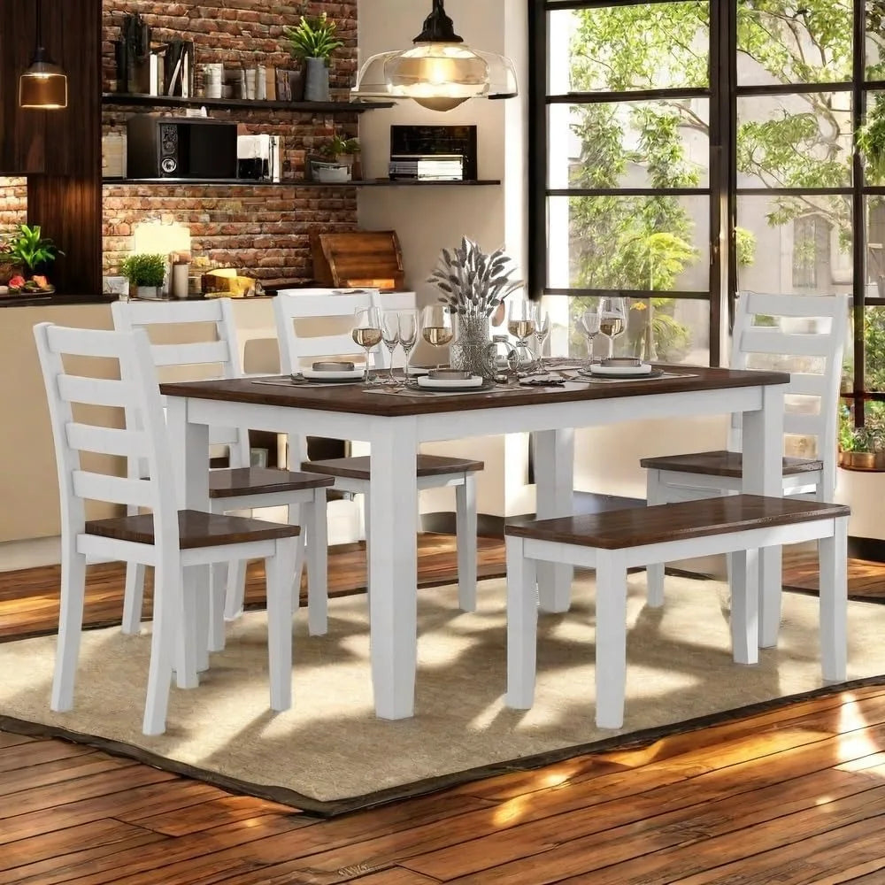 Solid Wood Kitchen Table Set with Bench and Chairs for 6 Rustic 6 Piece Dining Room Table Set