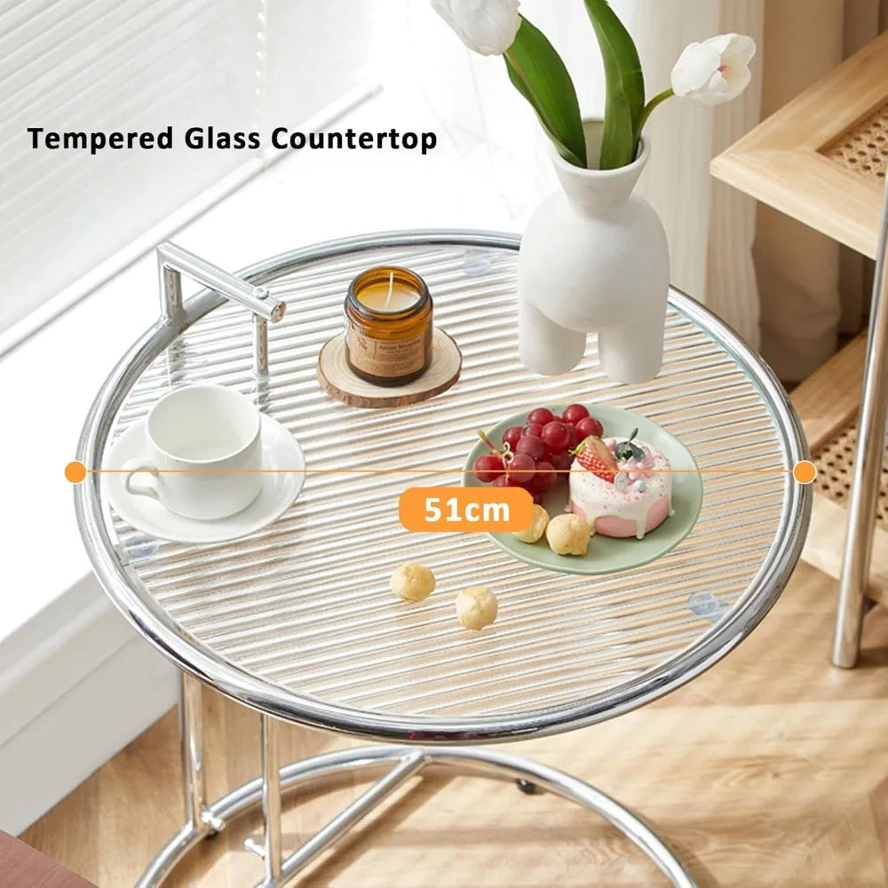 Glass End Table, Round Side Table with Handle, Height Adjustable C Shaped Sofa Table with Tempered Glass Top, Small Coffee Table