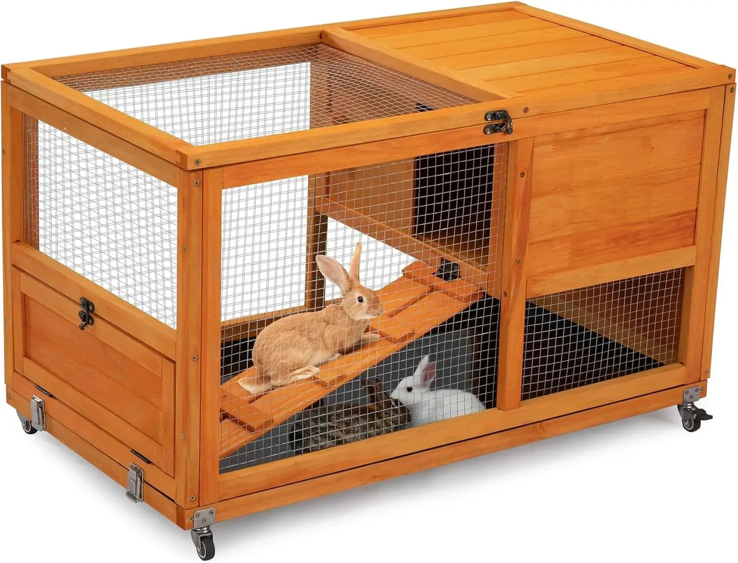 Fashionable Wood 36In Rabbit Hutch Indoor on Wheels Bunny Cage Outdoor Rabbit Cage with Clean Tray, Openable Roof