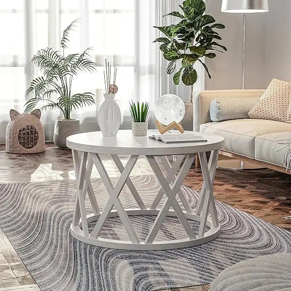 Farmhouse Coffee Table, Rustic Round Coffee Table with X-Motifs Legs, Wood Textured Top, for Boho, French Country Decor, Antique