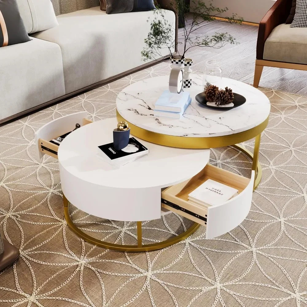 Modern Round Nesting Coffee Table with Drawers for Living Room