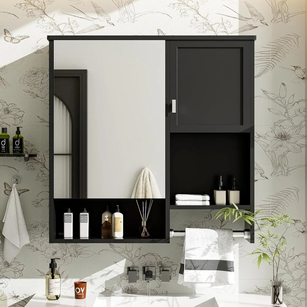 Wall Mount Bathroom Cabinet with Mirror, Open Shelf, and Towel Bar, 29.5 W x 28.7 H Over The Toilet Mirrored Bathroom Wall