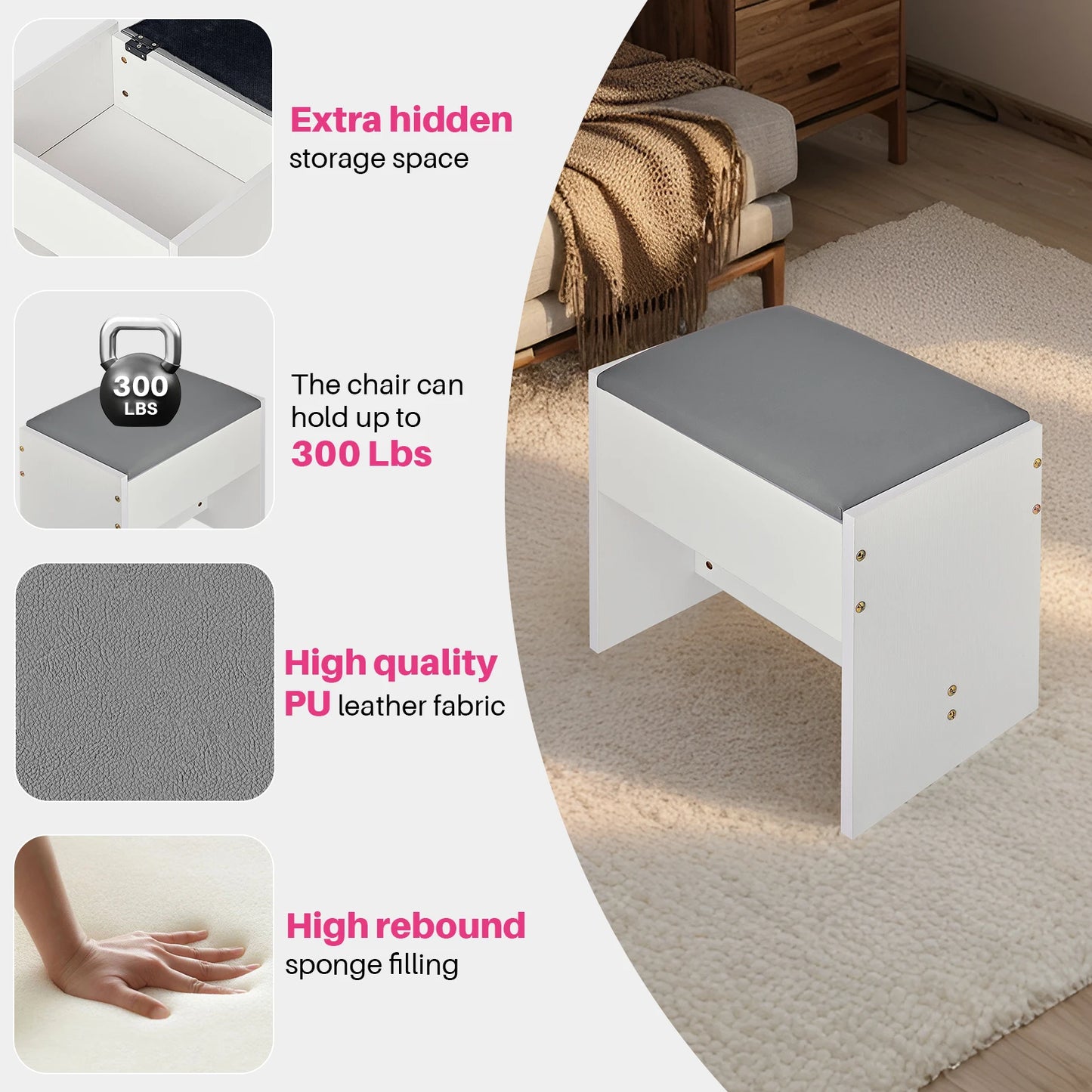 Redlife Farmhouse Vanity Desk Makeup Table Set w/ Sliding Mirror Lights Glass Tabletop w/ Stool Charging Station Jewelry Cabinet