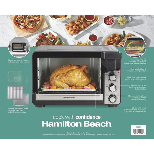 Easy View XL Toaster Oven 5-in-1 Air Fryer Convection Bake Broil Toast 1750W Large Capacity with Mesh Basket and Timer
