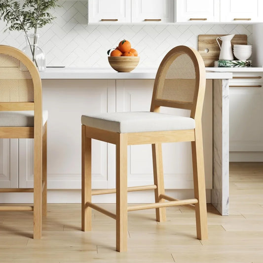 Bar Stool ,Upholstered Rattan in Oak Finish Frame,Counter Height Stools w/ Natural Rattan Woven Back For Kitchen Island