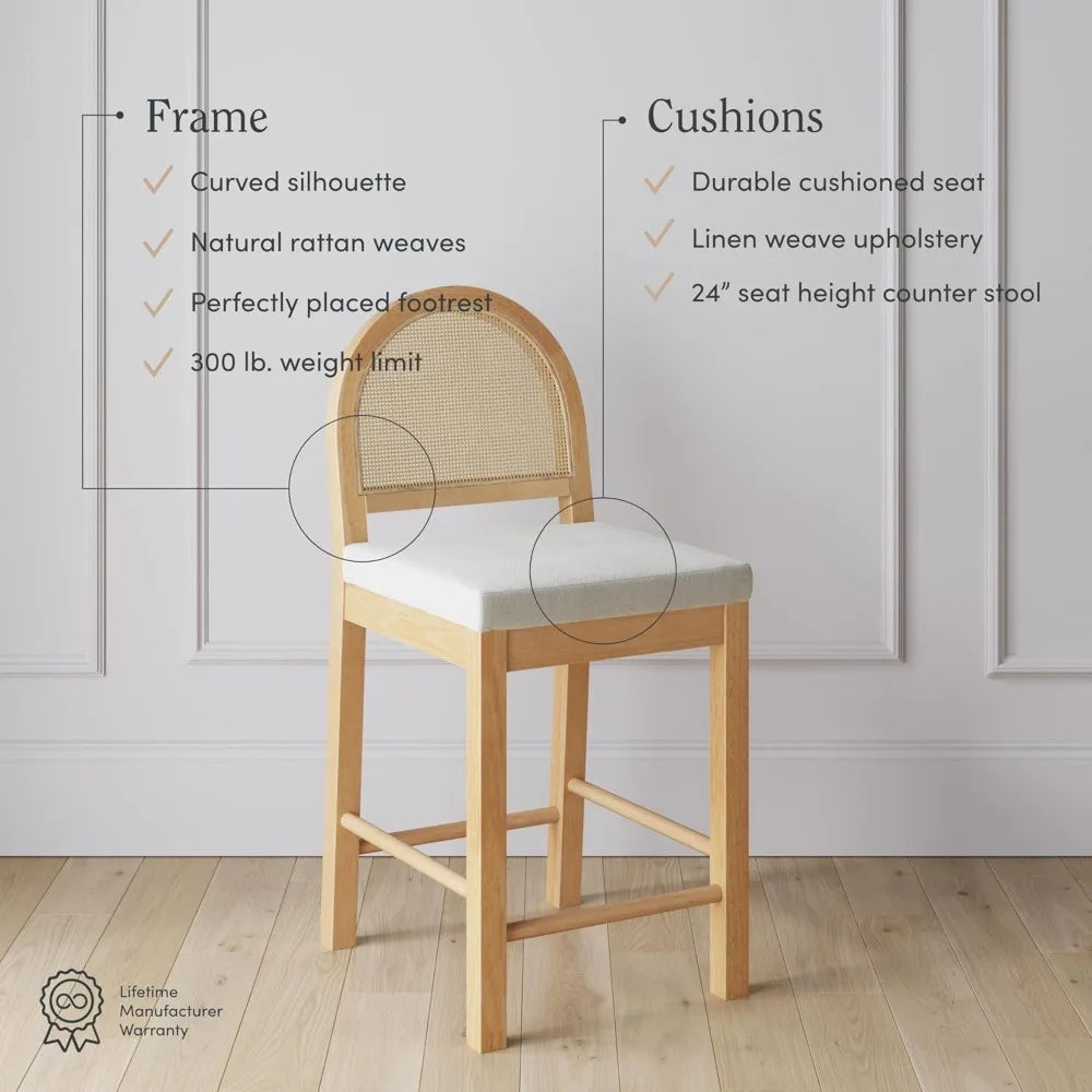 Bar Stool ,Upholstered Rattan in Oak Finish Frame,Counter Height Stools w/ Natural Rattan Woven Back For Kitchen Island