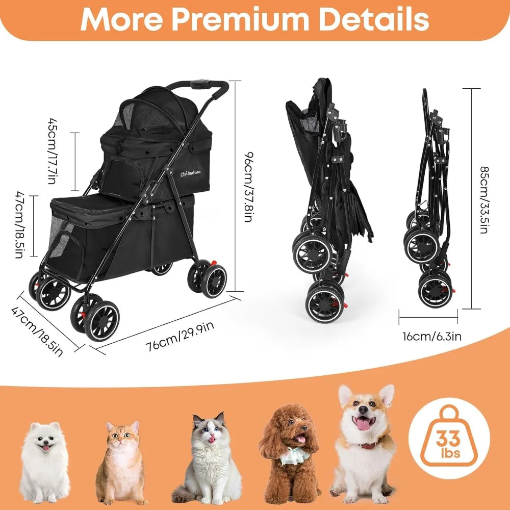 Pet Stroller for Dogs and Cats, Cat Strollers for 2 Cats, Double Dog Stroller for 2 Small Medium Dogs, 4 Lockable Wheels/Lightwe