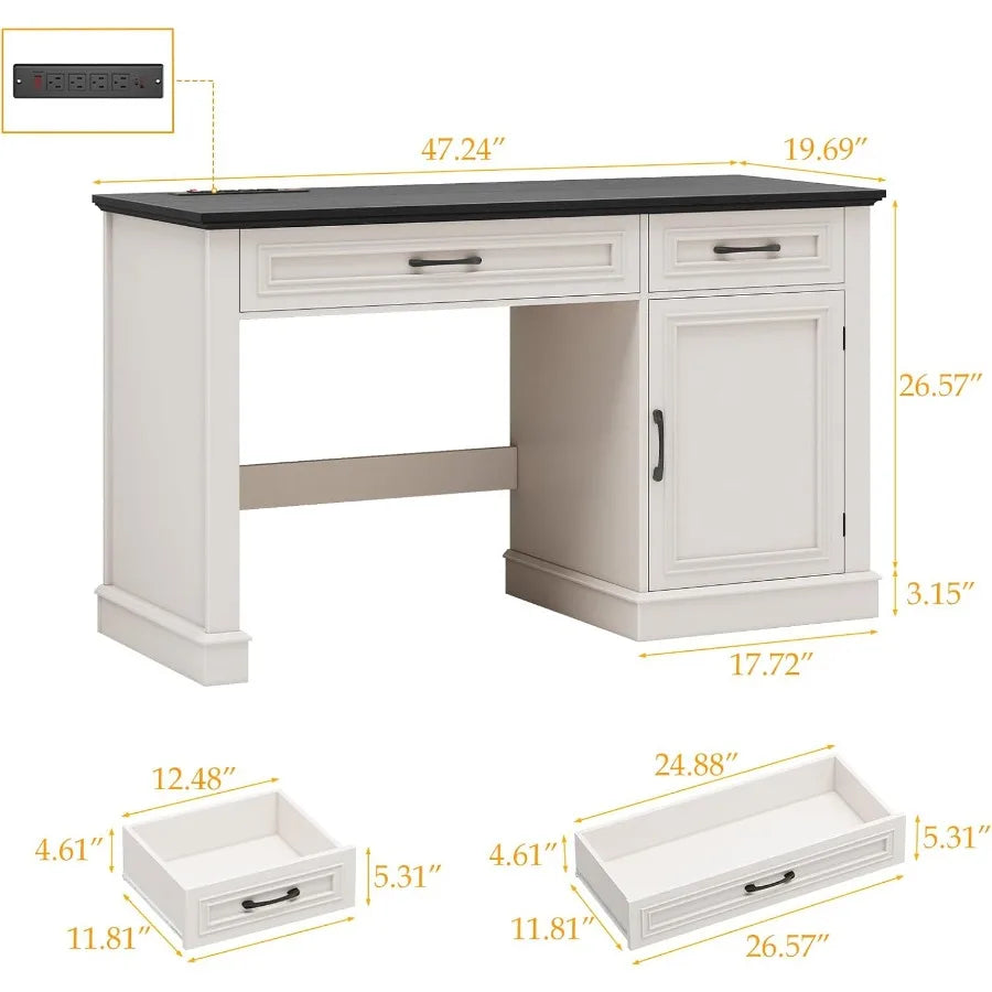Farmhouse 47 Executive Desk with Drawers and Storage Cabinet for Home Office and Study Workstation Includes Built-in Charging S