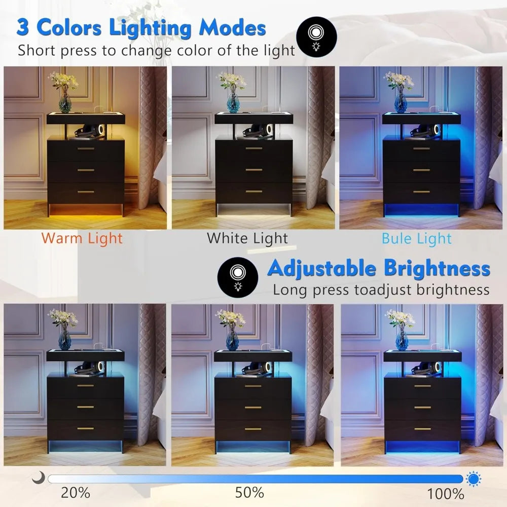 2 Set Nightstands with Wireless Charging Station, Auto Sensor 3 Color Dimmable LED Night Stand, Modern Bedside Table with 3 Dra