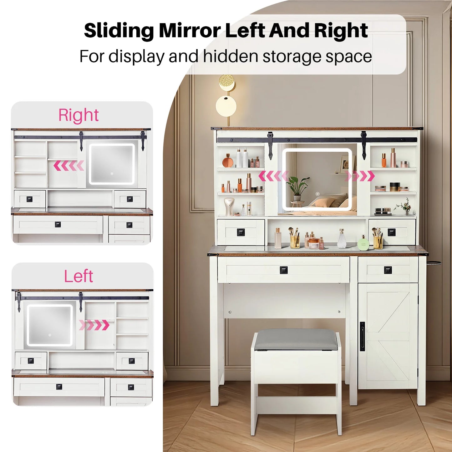 Redlife Farmhouse Vanity Desk Makeup Table Set w/ Sliding Mirror Lights Glass Tabletop w/ Stool Charging Station Jewelry Cabinet